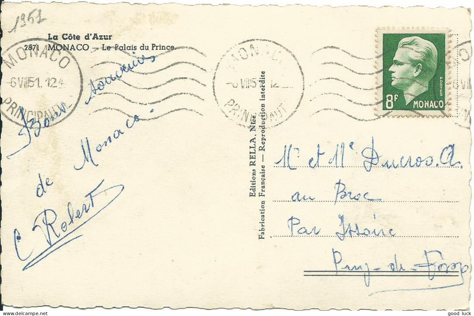 MONACO CARTE 8F MONACO POUR LE BROC ( PUY DE DOME ) DE 1951 LETTRE COVER - Briefe U. Dokumente