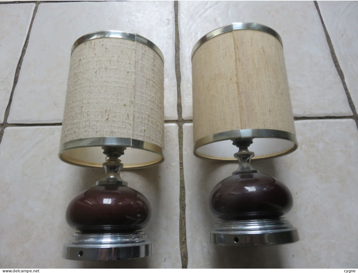 Paire Lampes De Chevet Vintage 60-70 Chrome & Céramique Boule Marron Abat Jour Tissu Pied Chromé - Lighting & Lampshades