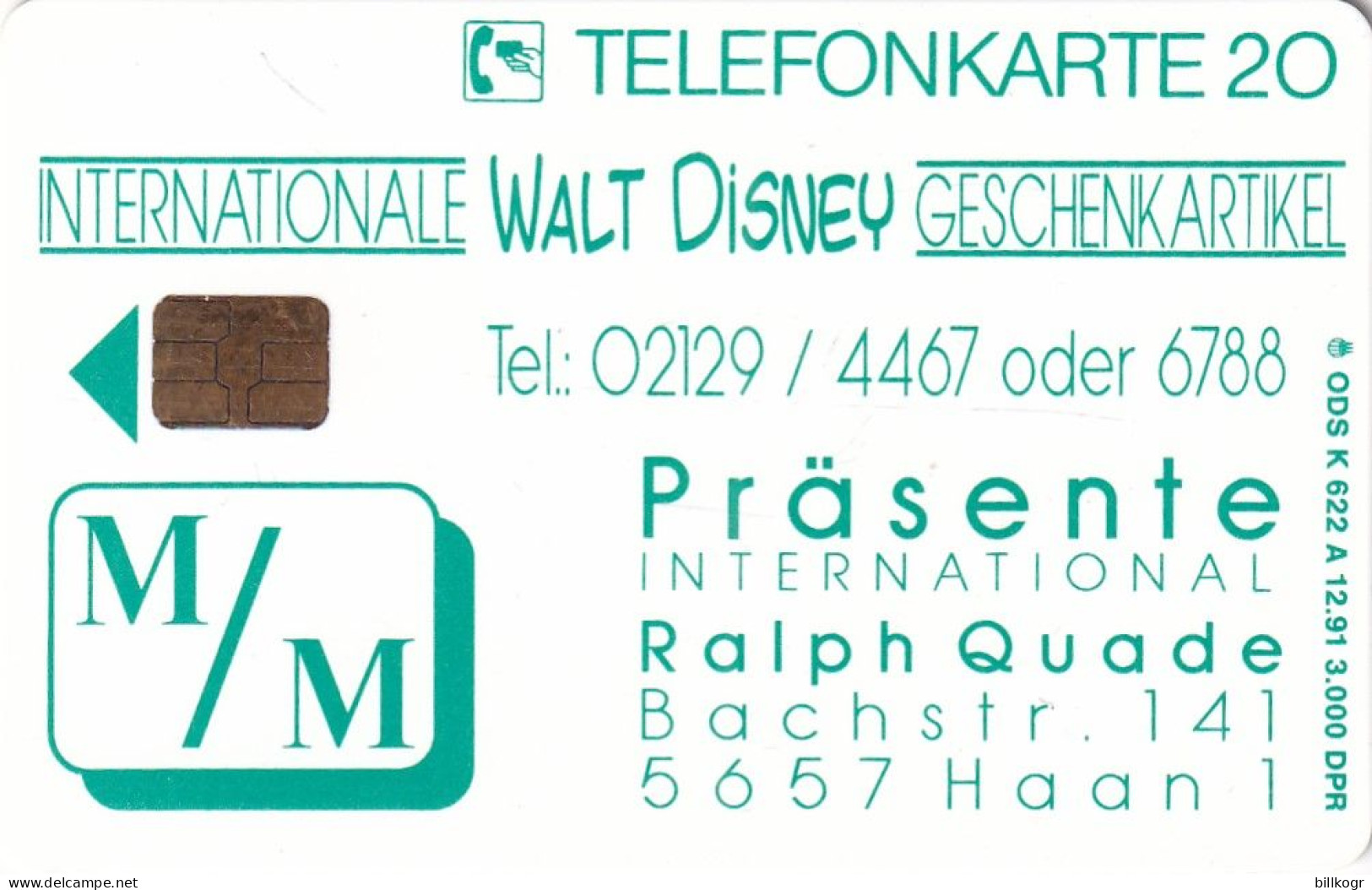 GERMANY(chip) - Walt Disney/Mickey Mouse, M/M(K 622 A), Tirage 3000, 12/91, Mint - K-Serie : Serie Clienti