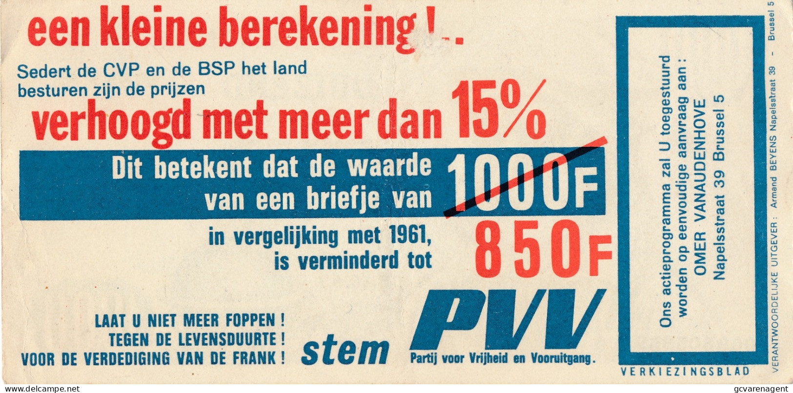 RECLAME VAN DE PVV  1963  VERKIEZINGEN  NATIONALE RAMP VAN BELGIE  DUIZEND FRANK      2 SCANS - Parteien & Wahlen