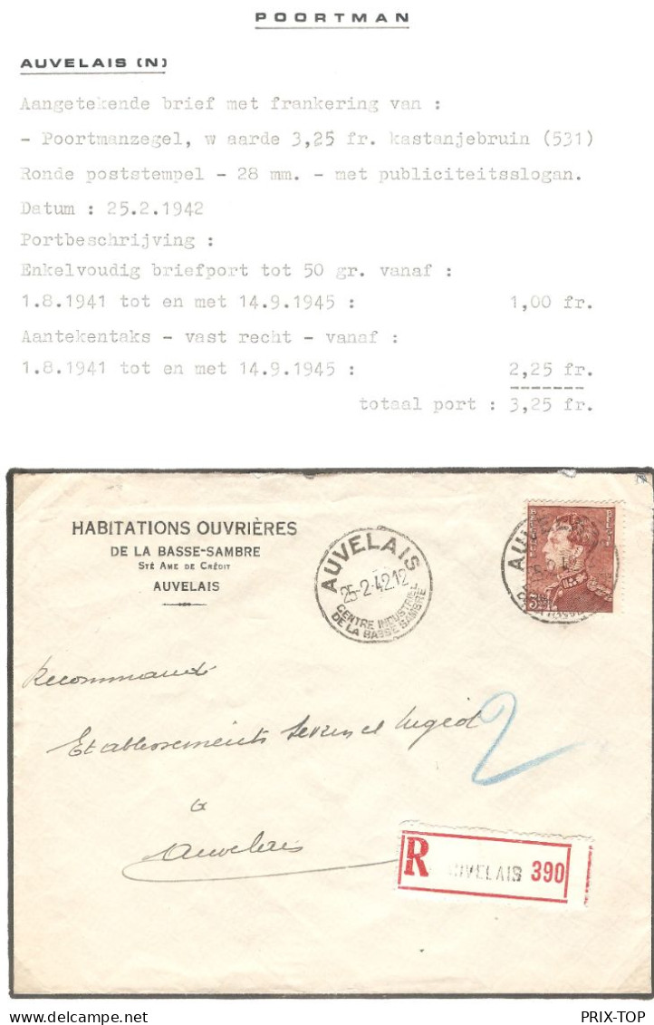 TP 531 Poortman S/L. Recommandée Habitations Ouvrières Auvelais + Obl. Touristique 25/2/42 > E/V - Guerra 40 – 45 (Cartas & Documentos)