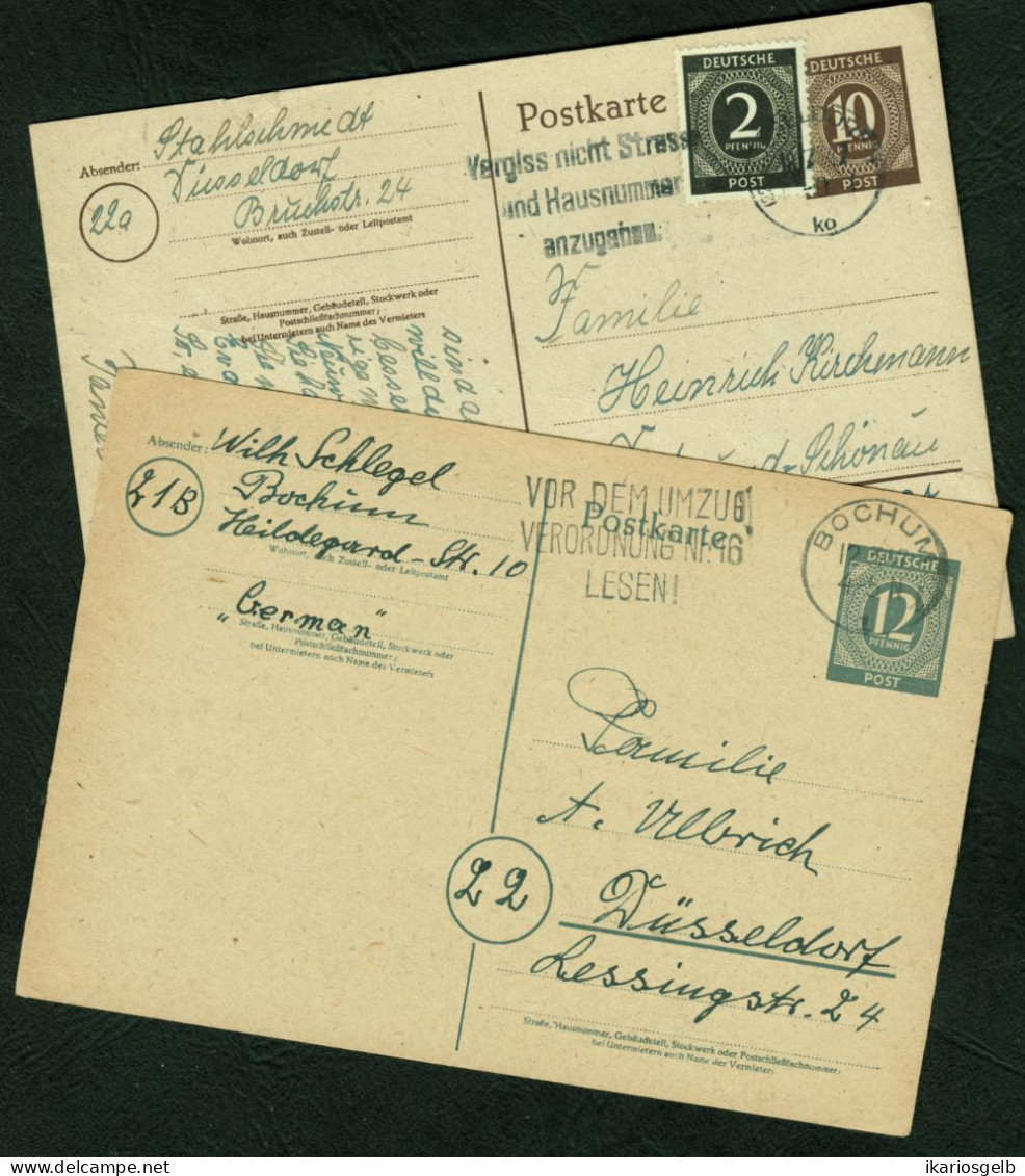 BOCHUM  1927 + 2 GANZSACHEN 10/2-12Pf Kontrollrat I Ziffer Orts-o Heimatbelege > Dortmund / Düsseldorf - Postwaardestukken