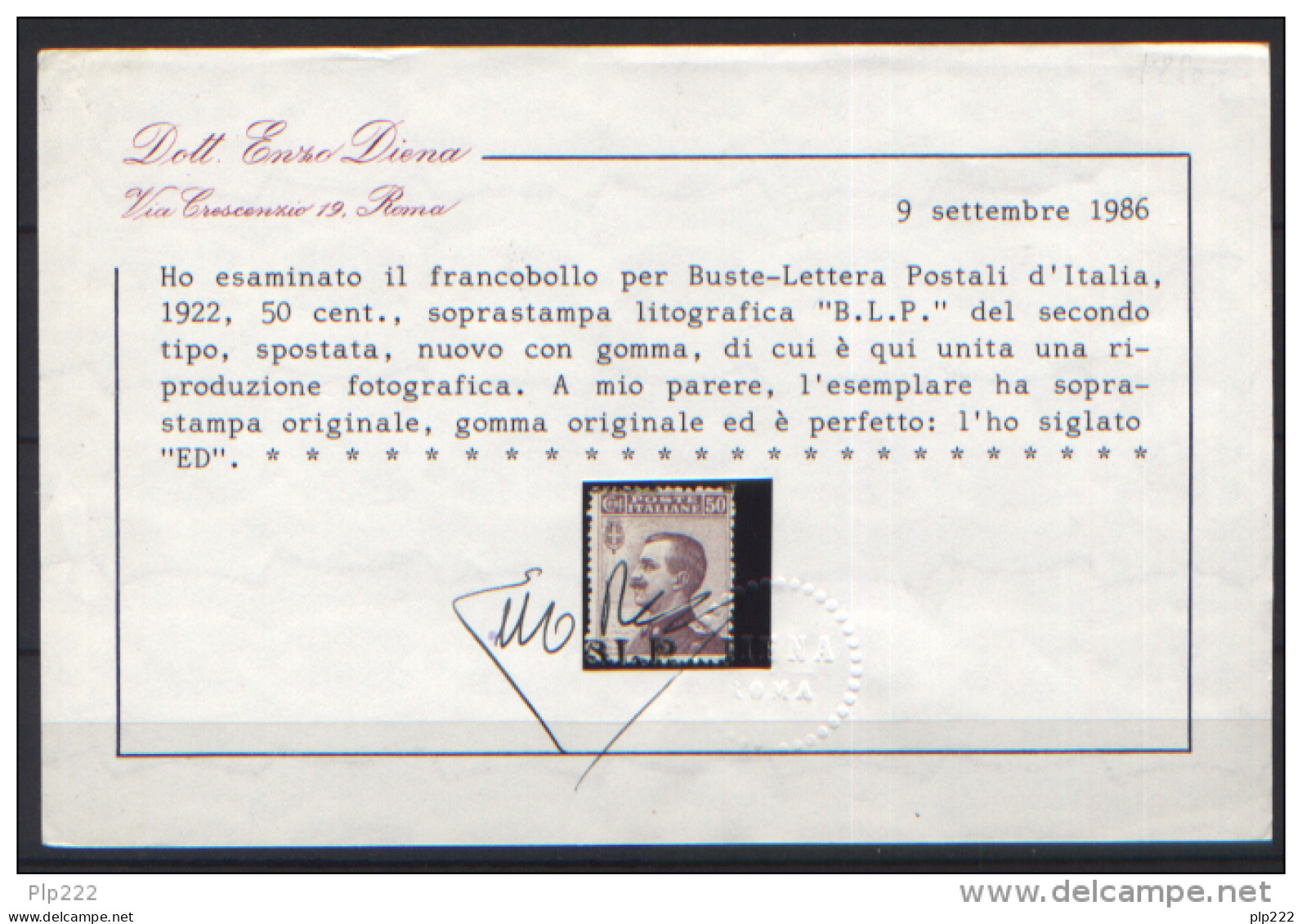 Italia Regno 1922 BLP 50c Sass.10e */MH VF/F  - Cert.E.Diena - Francobolli Per Buste Pubblicitarie (BLP)