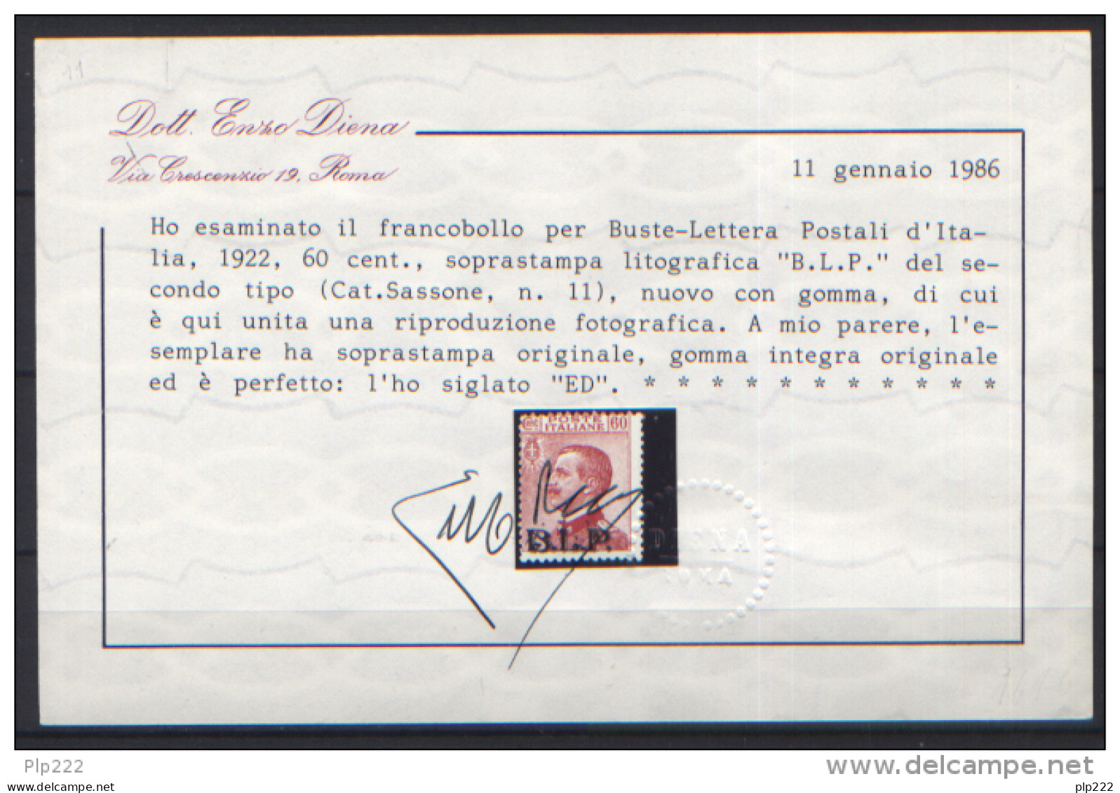 Italia Regno 1922 BLP Sass.11 **/MNH VF/F - Cert. E.Diena - Francobolli Per Buste Pubblicitarie (BLP)