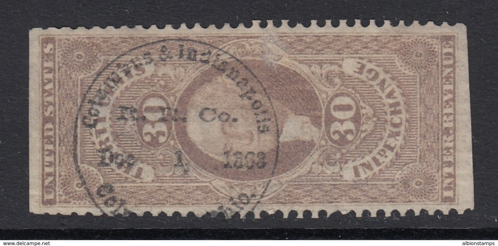 US, Sc R52b, "Columbus & Indianapolis RR Co." 1863 Handstamp Cancel (crease) - Fiscali