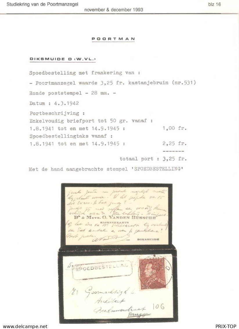 TP 531 Poortman S/L. Format C.V. En Exprès Obl. Diksmuide 4/3/41 C. Unilingue SPOEDBESTELLING > Brugge - Guerra 40 – 45 (Cartas & Documentos)