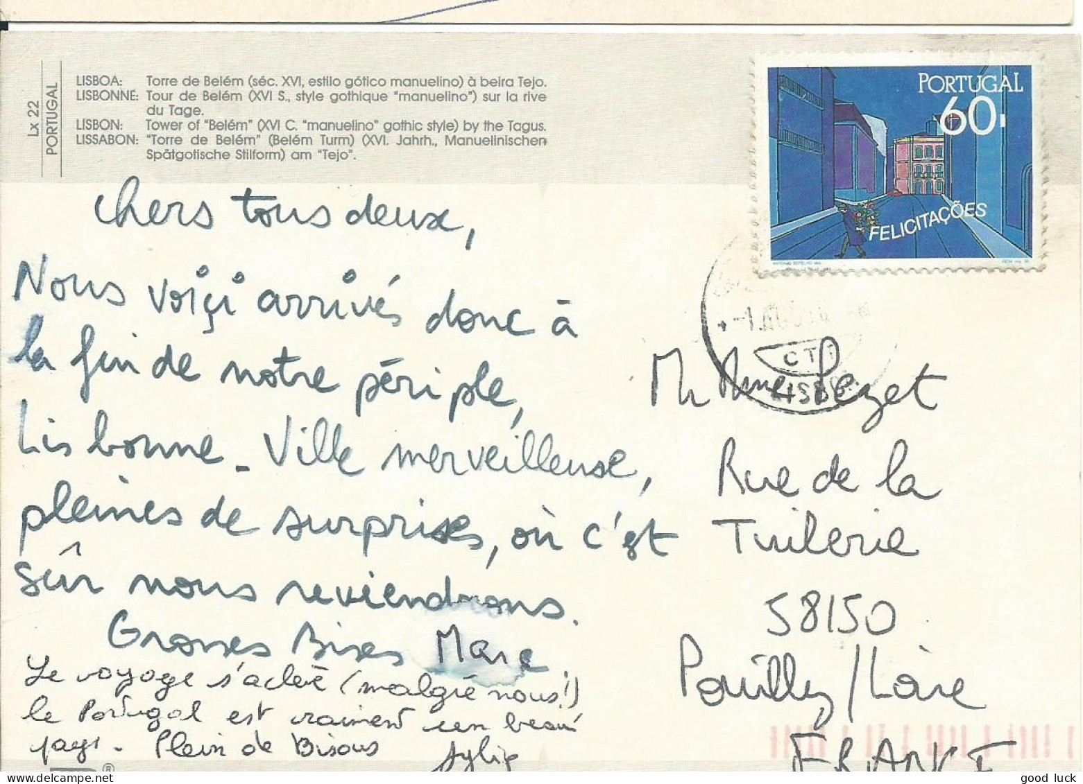 PORTUGAL CARTE 60l LISBONNE POUR POUILLY ( NIEVRE ) DE 1990 LETTRE COVER - Briefe U. Dokumente