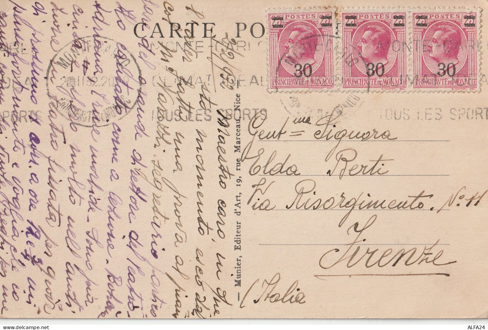 CARTOLINA 1932 3X30 SS MONACO TIMBRO MONTECARLO DIRETTA FIRENZE (ZP1521 - Cartas & Documentos