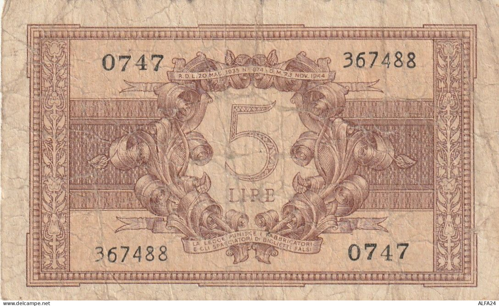 BIGLIETTO DI STATO ITALIA L.5 1935 VF (ZP894 - Italia – 5 Lire