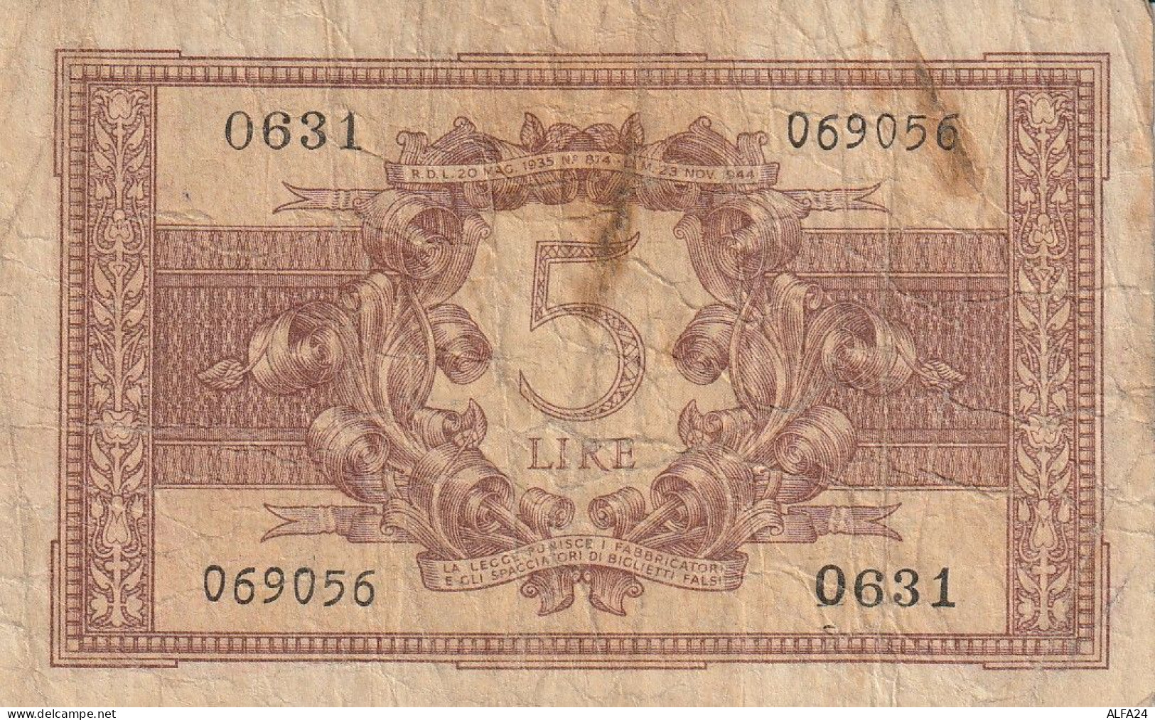 BIGLIETTO DI STATO ITALIA L.5 1935 VF (ZP893 - Italia – 5 Lire