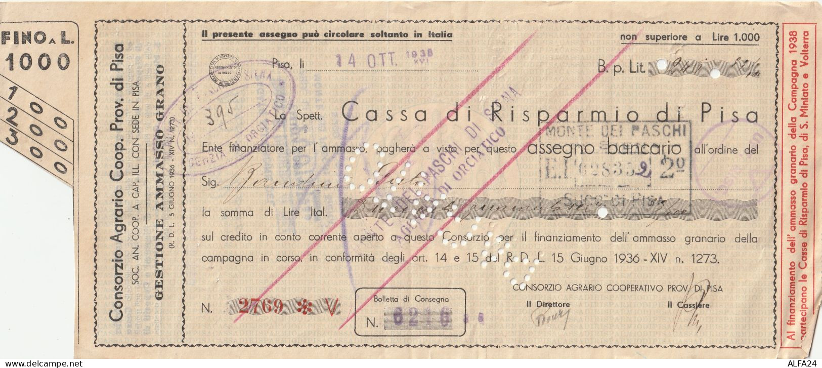 ASSEGNO 1938 CASSA RISPARMIO PISA Spiegazzato (ZP3599 - [10] Scheck Und Mini-Scheck