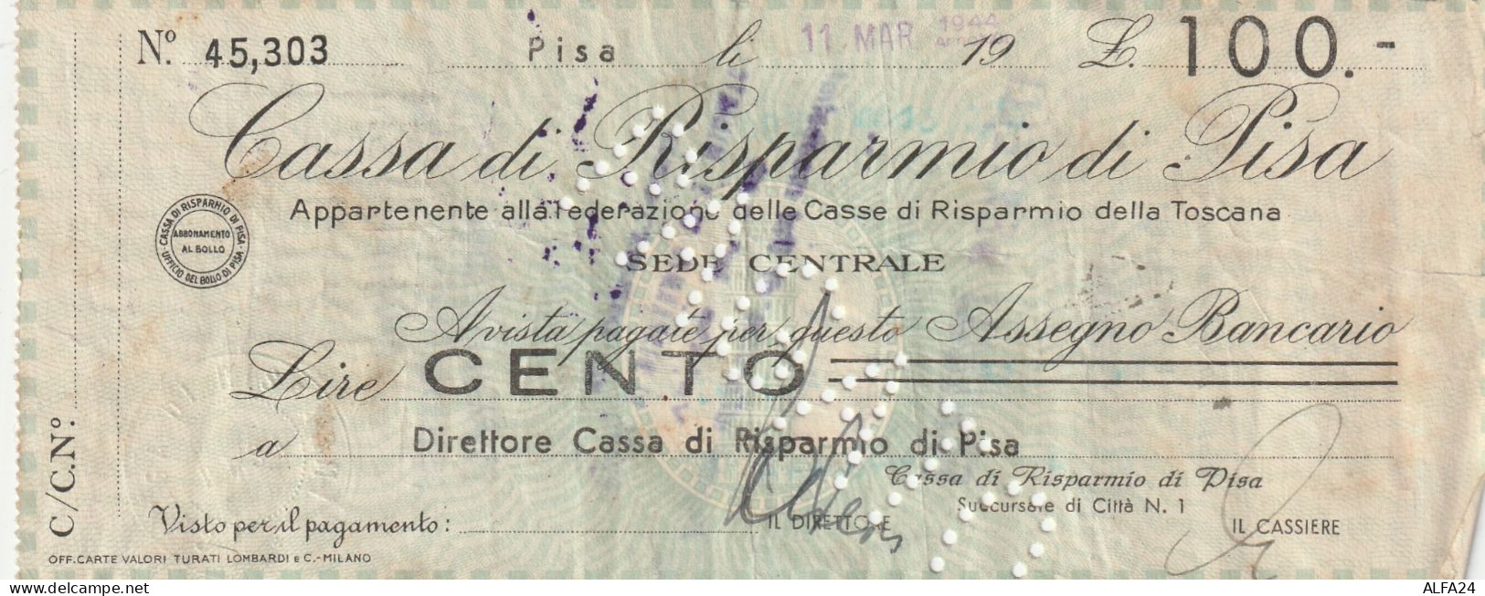 ASSEGNO L.100 CASSA RISPARMIO PISA 1944 Spiegazzato (ZP3585 - [10] Assegni E Miniassegni