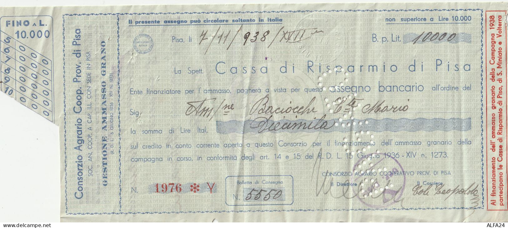 ASSEGNO CASSA RISPARMIO PISA L.10000 1938 Spiegazzato (ZP3586 - [10] Checks And Mini-checks