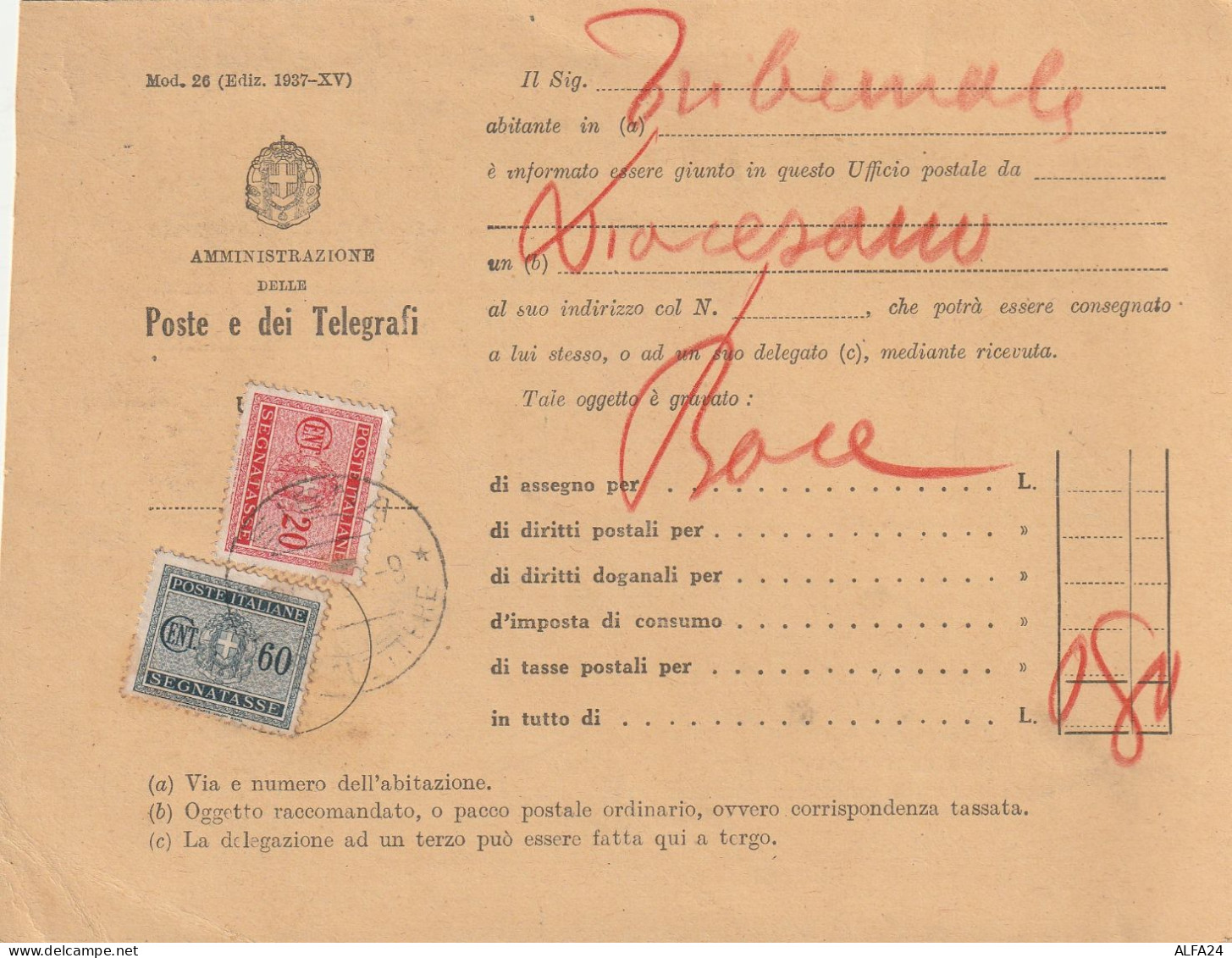 AVVISO POSTE SEGNATASSE C.20+60 1937 (ZP3264 - Postage Due