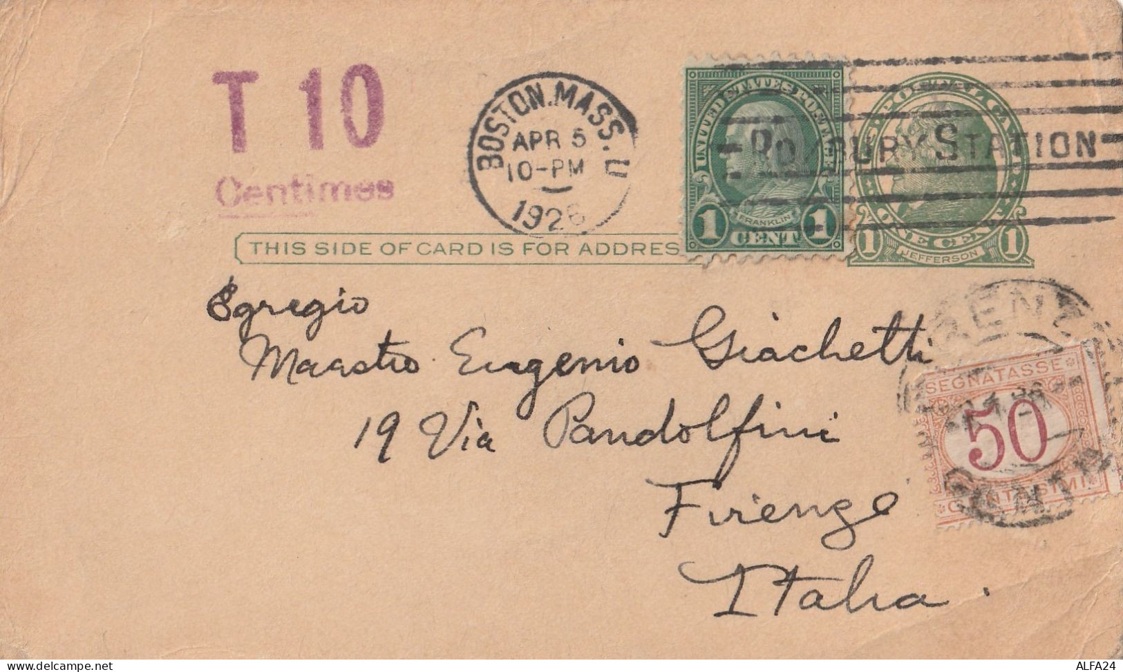 INTERO POSTALE STATI UNITI 1926 1+1 + SEGNATASSE ITALIA 50 C. TIMBRO BOSTON FIRENZE (ZP3177 - Postage Due
