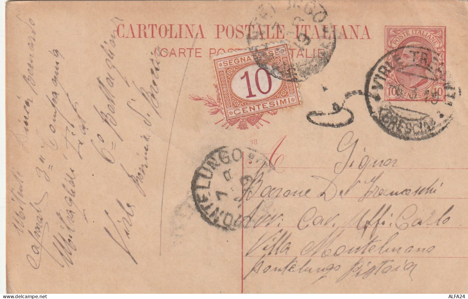 INTERO POSTALE 1918 C.10 +SEGNATASSE C.10 TIMBRO PONTELUNGO BRESCIA (ZP3044 - Portomarken