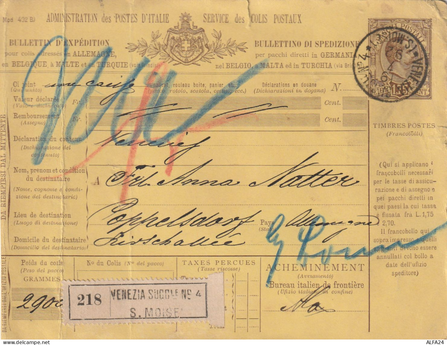 BOLLETTINO DI SPEDIZIONE 1892 L.1,75 TIMBRO VENEZIA S.MOISE -piega -piccolo Strappo In Alto (ZP2930 - Postal Parcels