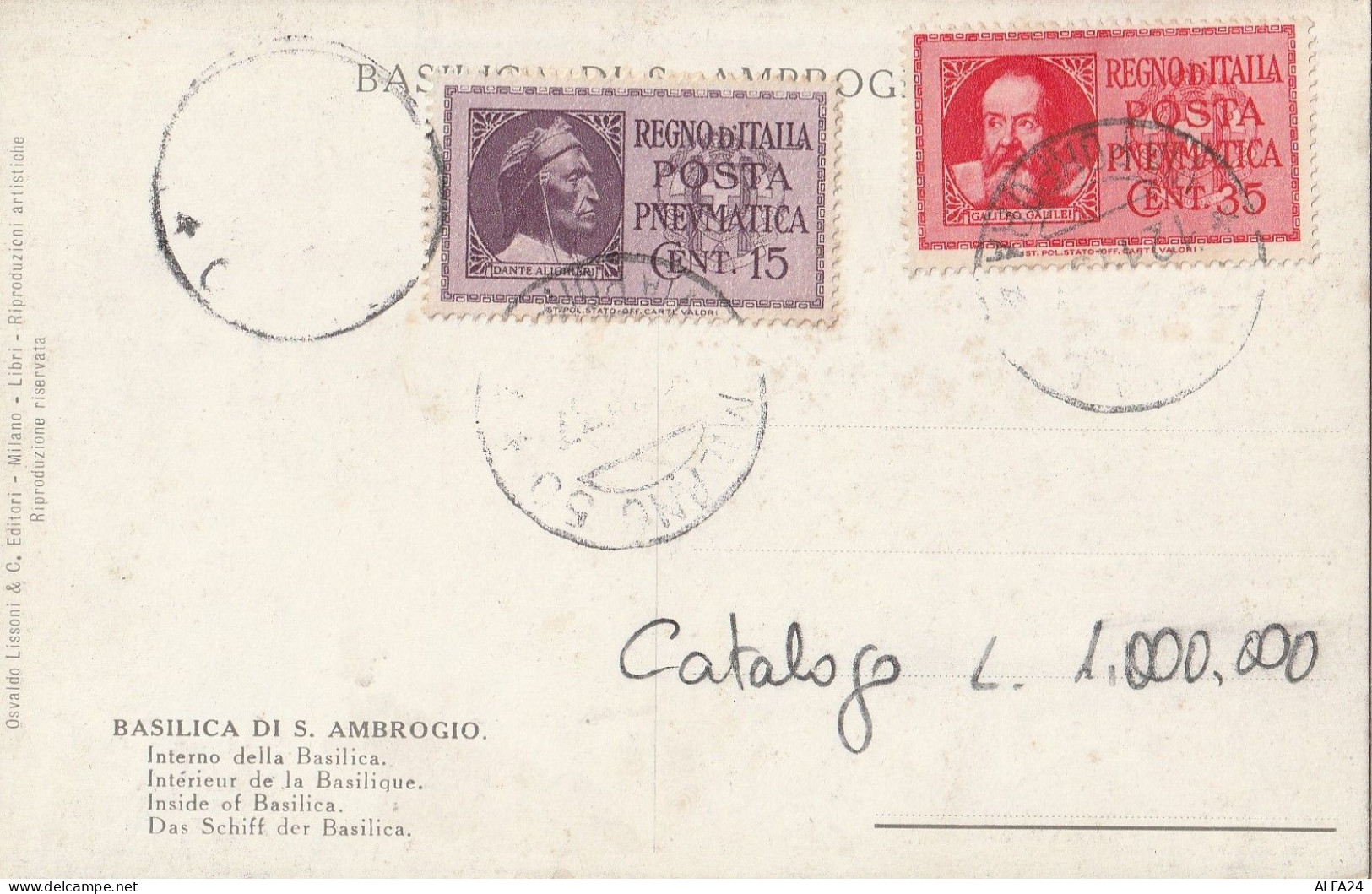 CARTOLINA 1937 POSTA PNEUMATICA C.15+35 DANTE GALILEI TIMBRO MILANO (ZP2871 - Pneumatische Post