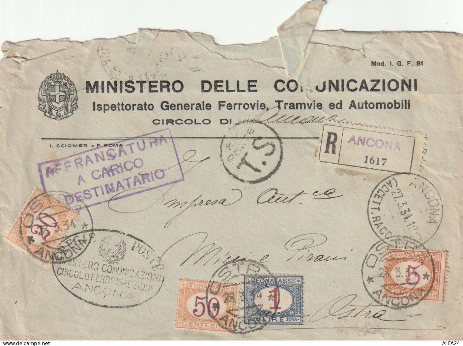 RACCOMANDATA 1934 MINISTERO TELECOMUNICAZIONI SEGNATASSE 5+20+50+ L.1 TIMBRO OSTRA ANCONA (ZP2587 - Postage Due