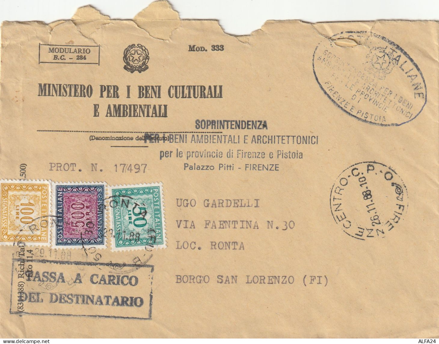 LETTERA 1888 SEGNATASSE 50+100+500 MINISTERO BENI CULTURALI (ZP2707 - Portomarken