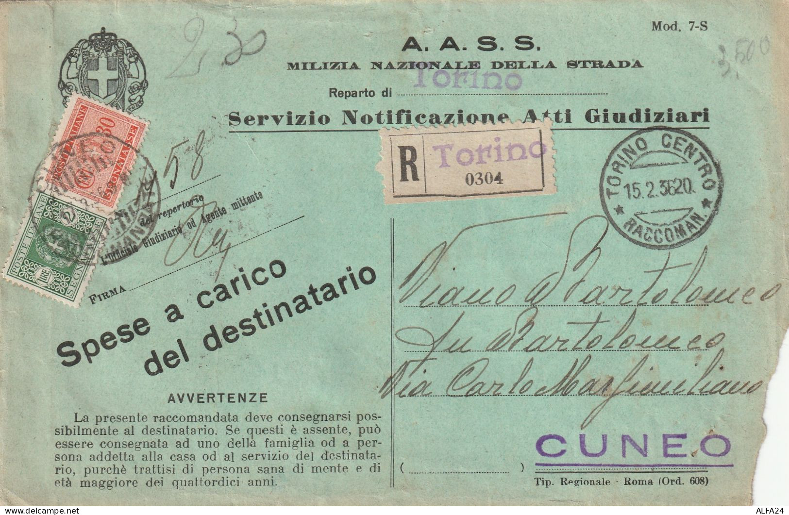 ATTI GIUDIZIARI 1936 C.30+2 L.SEGNATASSE TIMBRO TORINO CUNEO- MILIZIA DELLA SYTADA (ZP2678 - Postage Due