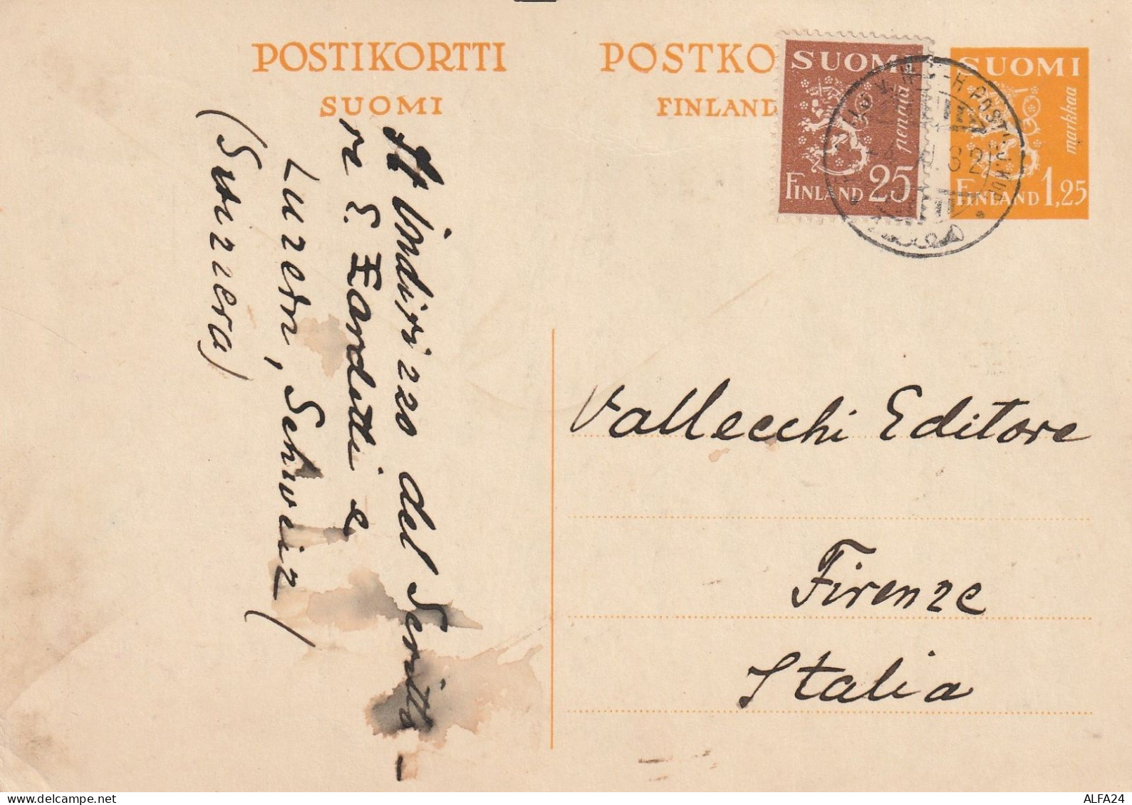 CARTOLINA FINLANDIA 1932 25+1,25 DIRETTA ITALIA (ZP1617 - Covers & Documents