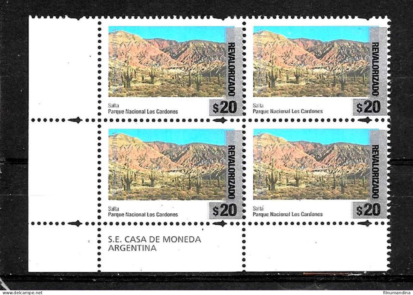 #75329 ARGENTINA 2023 NEW EMERGENCY OVERPRINTED (REVALORIZADO) NATIONAL PARKS DEFINITIVES 20 Ps BLOC X4 MNH SCARCE - Nuovi