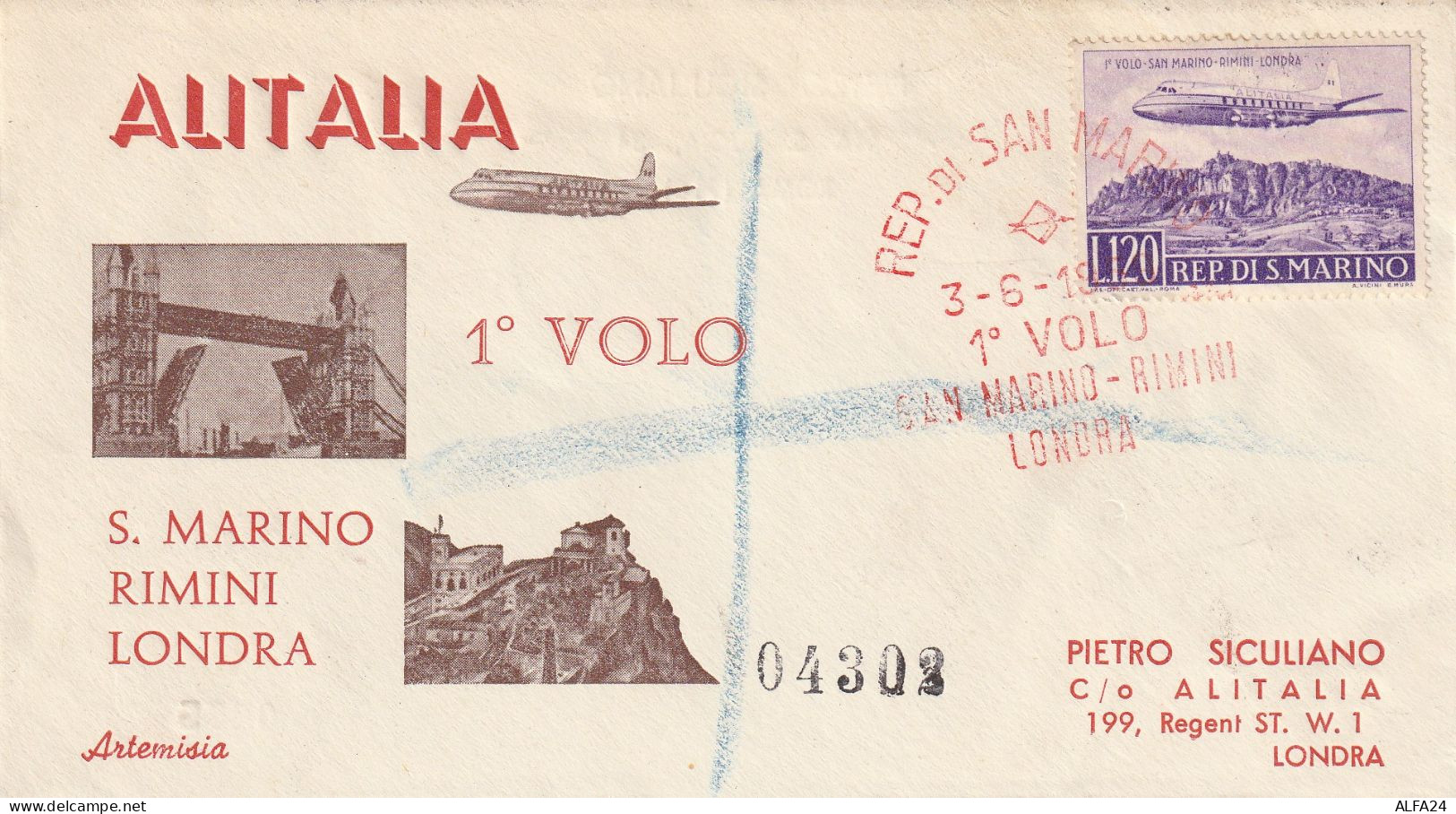 BUSTA 1959 I VOLO SANMARINO RIMINI LONDRA ALITALIA (ZP4289 - Storia Postale