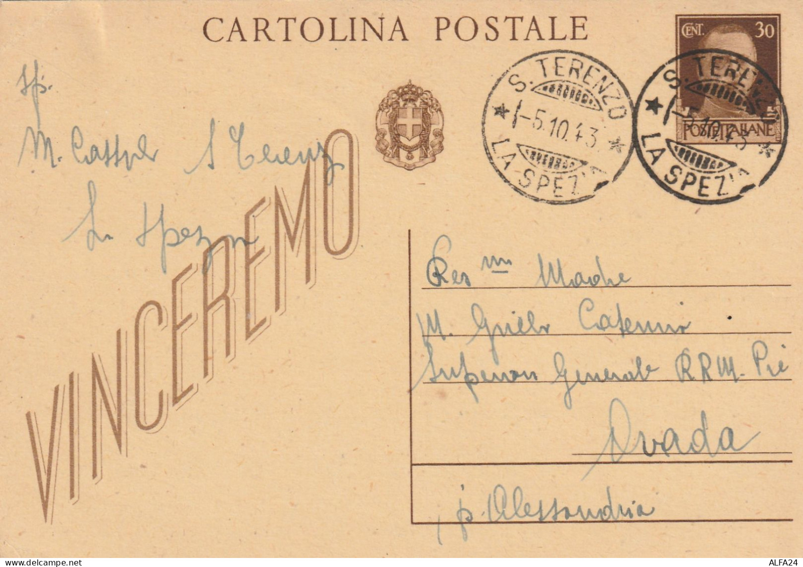 INTERO POSTALE 1943 RSI VINCEREMO TIMBRO S.TERENZO LA SPEZIA (ZP4181 - Interi Postali