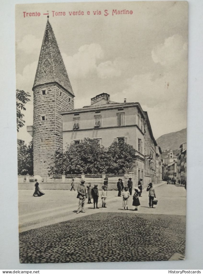 Trento,Torre Verde E Via S. Martino, Belebt, Kinder, 1910 - Trento
