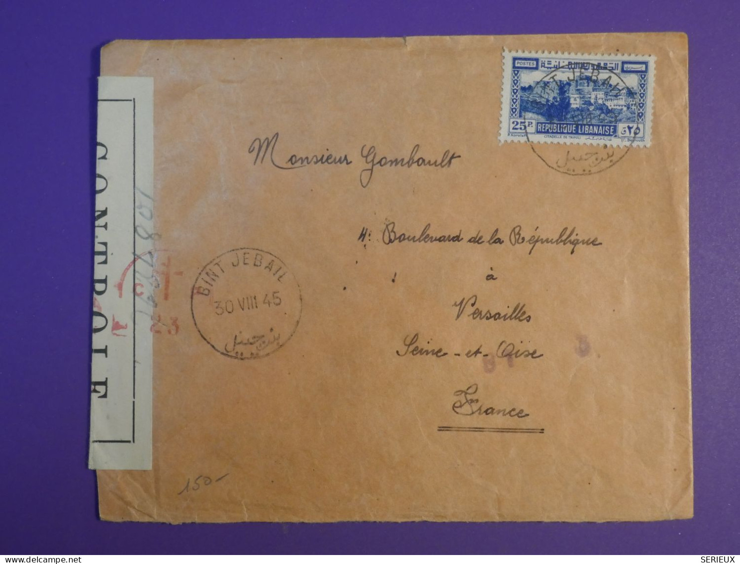 BY0 LIBAN  BELLE LETTRE CENSUREE 1945 BINT JEBAIL A VERSAILLES FRANCE  +AFF. INTERESSANT+ + - Covers & Documents