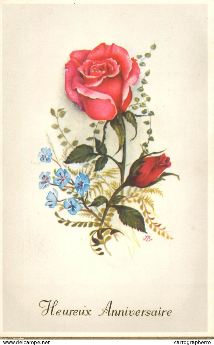 Heureux Anniversaire Birthday Greetings Red Rose Signed Illustration - Geburtstag