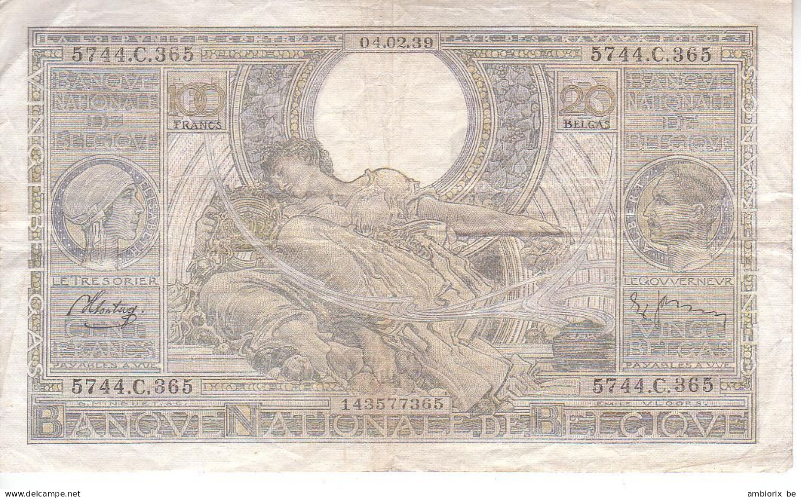 Belgique - Billet 60 C - Daté 04.02.39 - 100 Francs-20 Belgas
