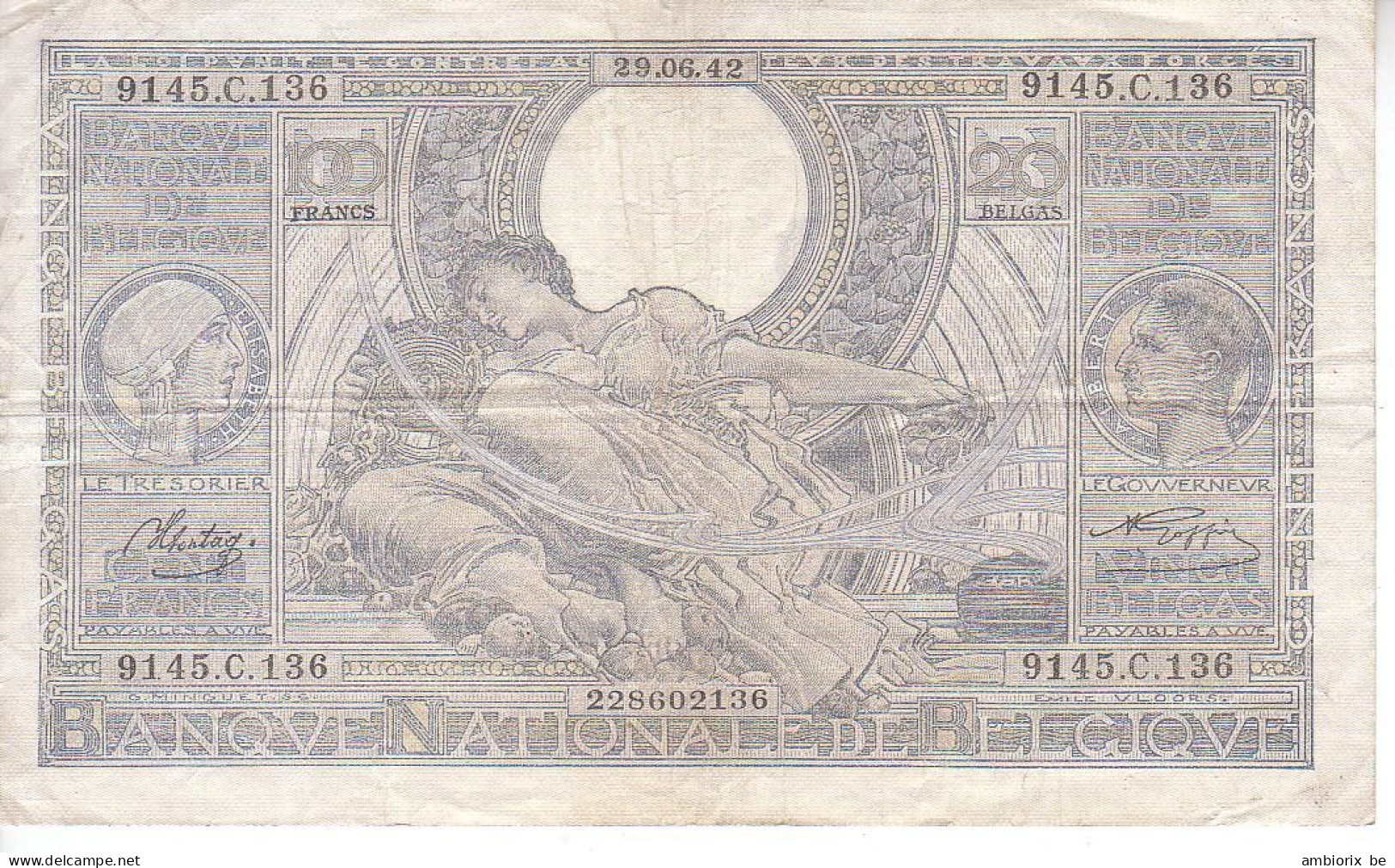 Belgique - Billet 60 D - Daté 29.06.42 - 100 Francs-20 Belgas