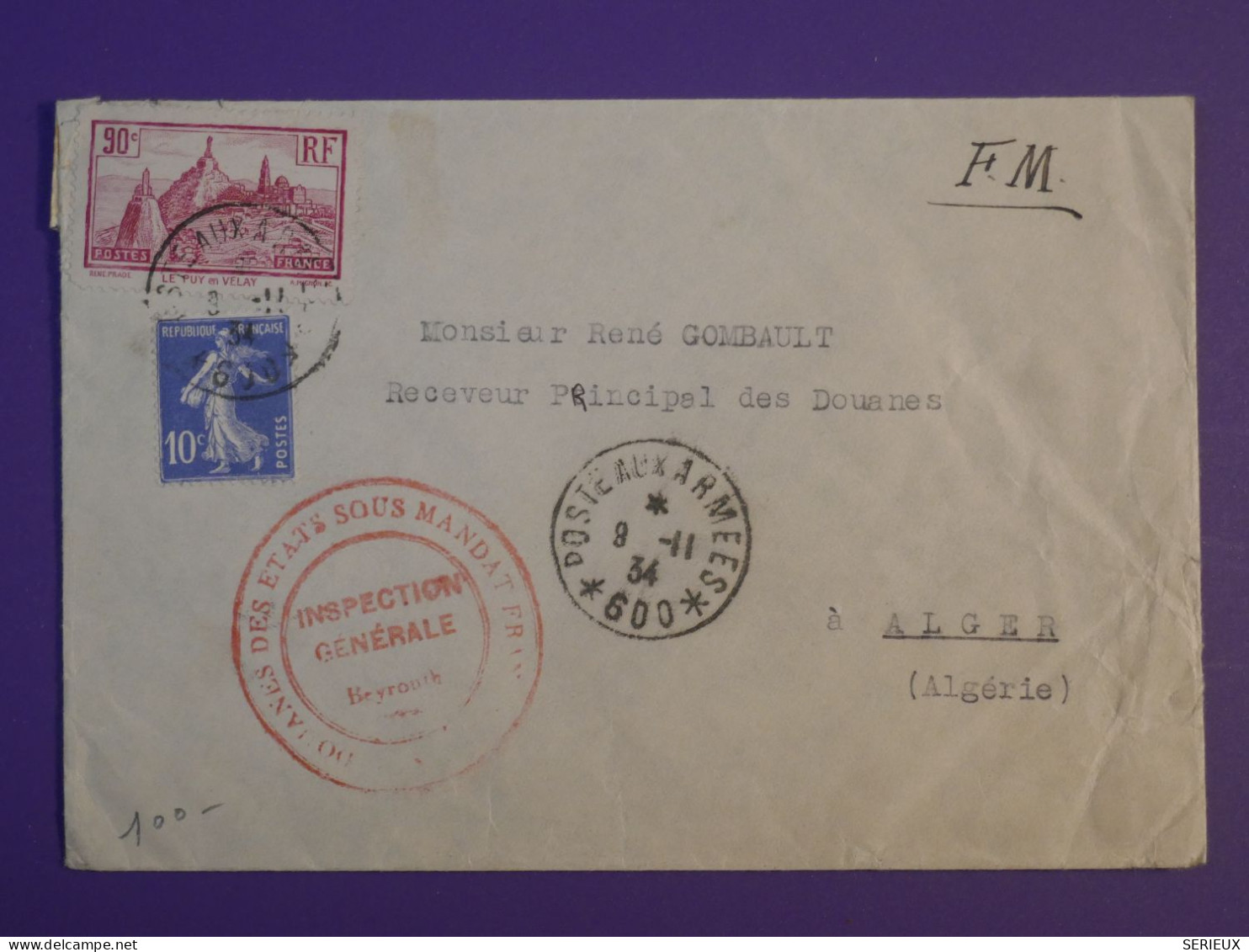 BY0 LIBAN FRANCE DOUANES  BELLE LETTRE  FM   1934 BEYROUTH A ALGER ALGERIE   +AFF. INTERESSANT+ + - Storia Postale