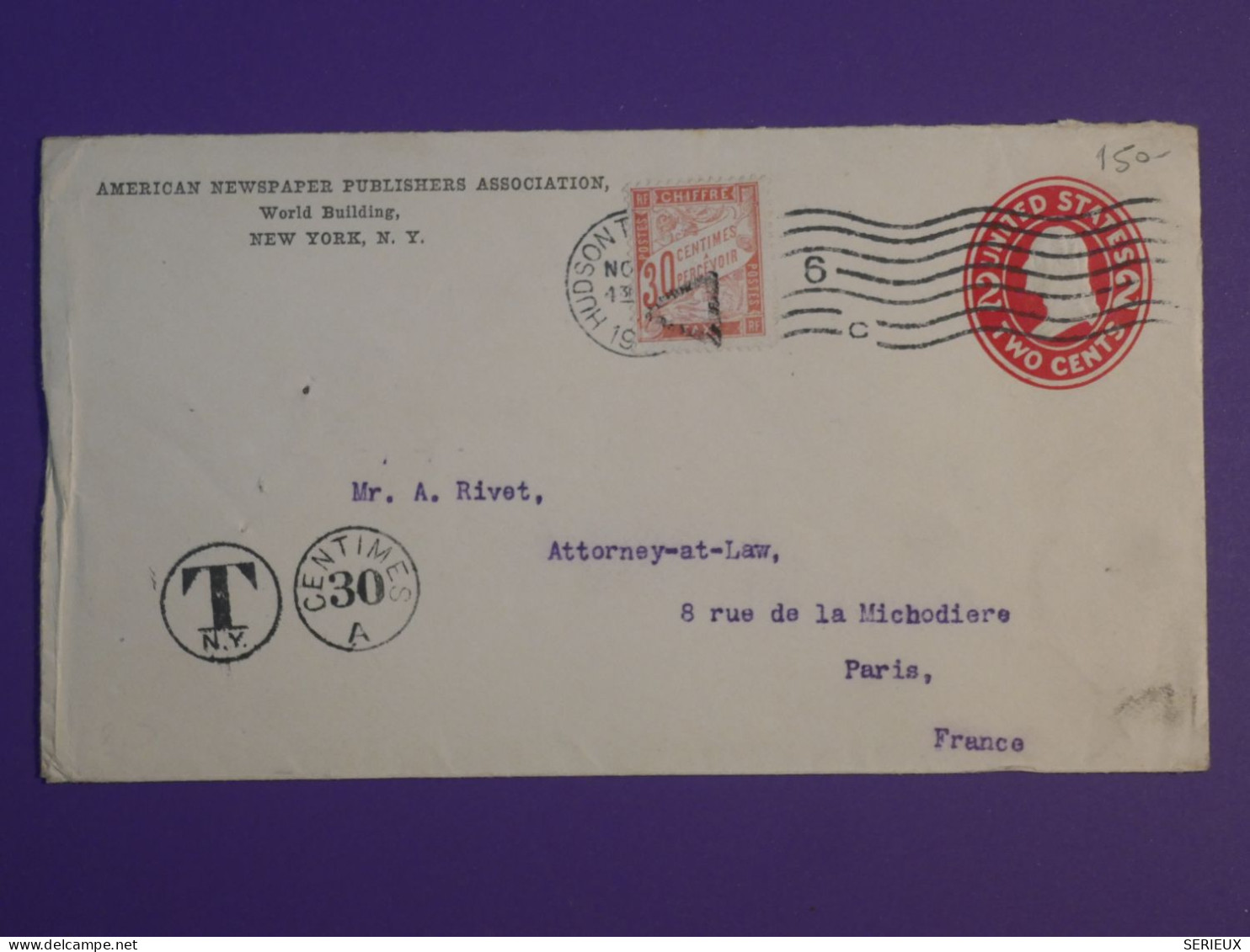 BY0 ETATS UNIS   BELLE LETTRE ENTIER  ENV. 1910  NEW YORK . A PARIS FRANCE +TAXE  30C +AFF. INTERESSANT+ + - Storia Postale