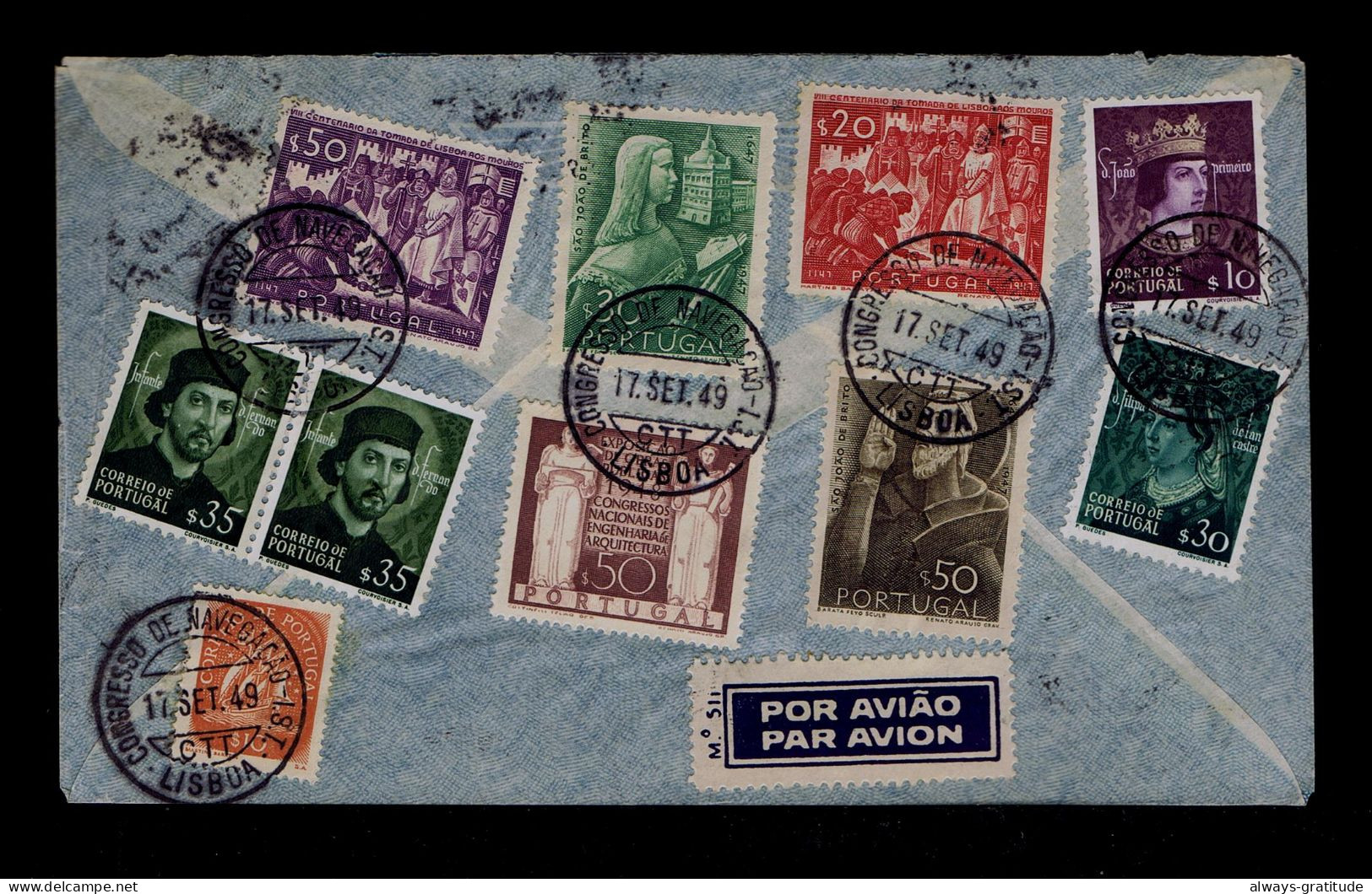 #88735 PORTUGAL "XVII Int. Navigation Congress Lisboa 1949" Transports Sea SCARCE ITEM Mailed Lyon - Sonstige (See)