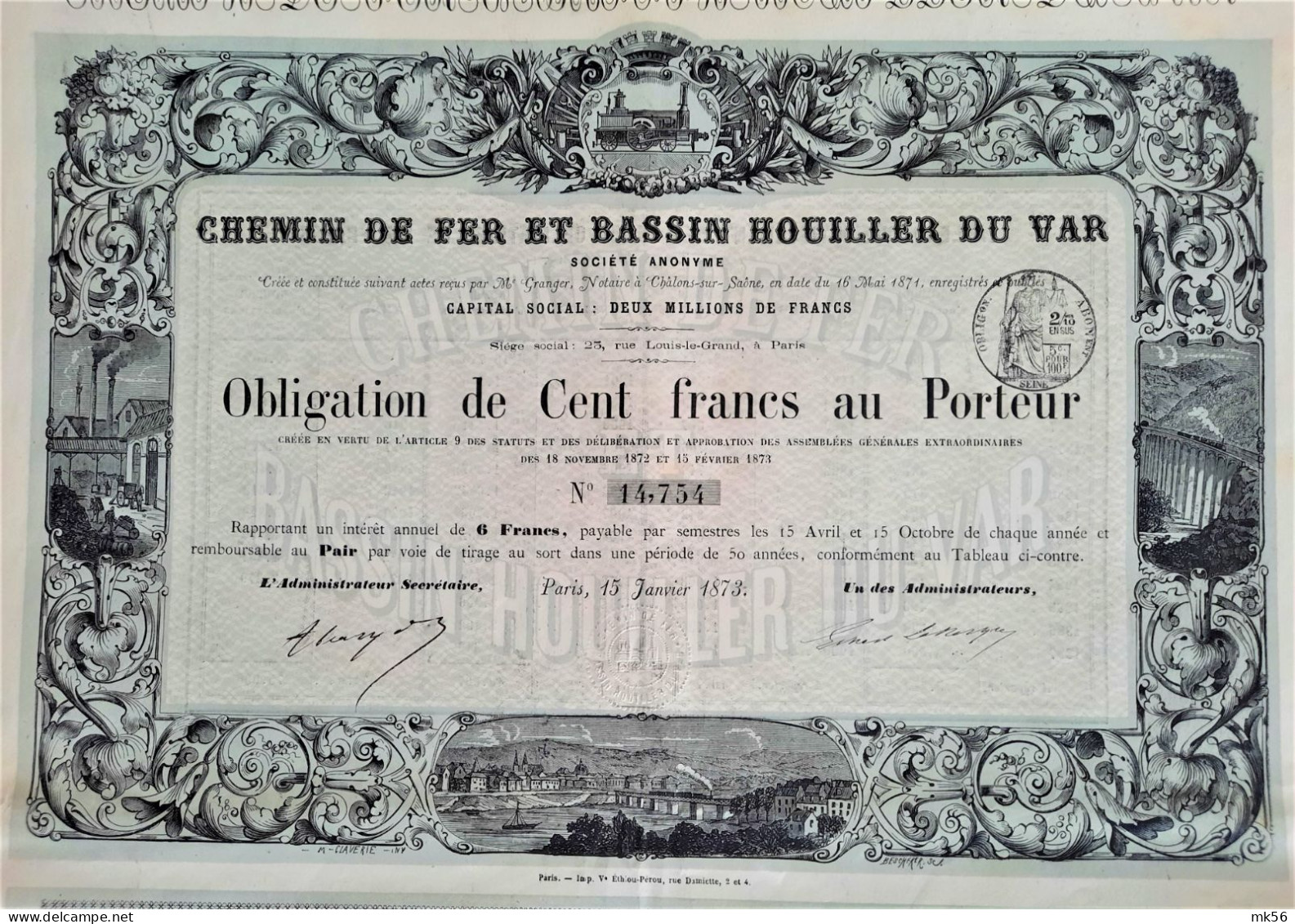 Chemin De Fer Et Bassin Houiller Du Var - 1873 - Paris - Obligation De 100 Francs - Chemin De Fer & Tramway