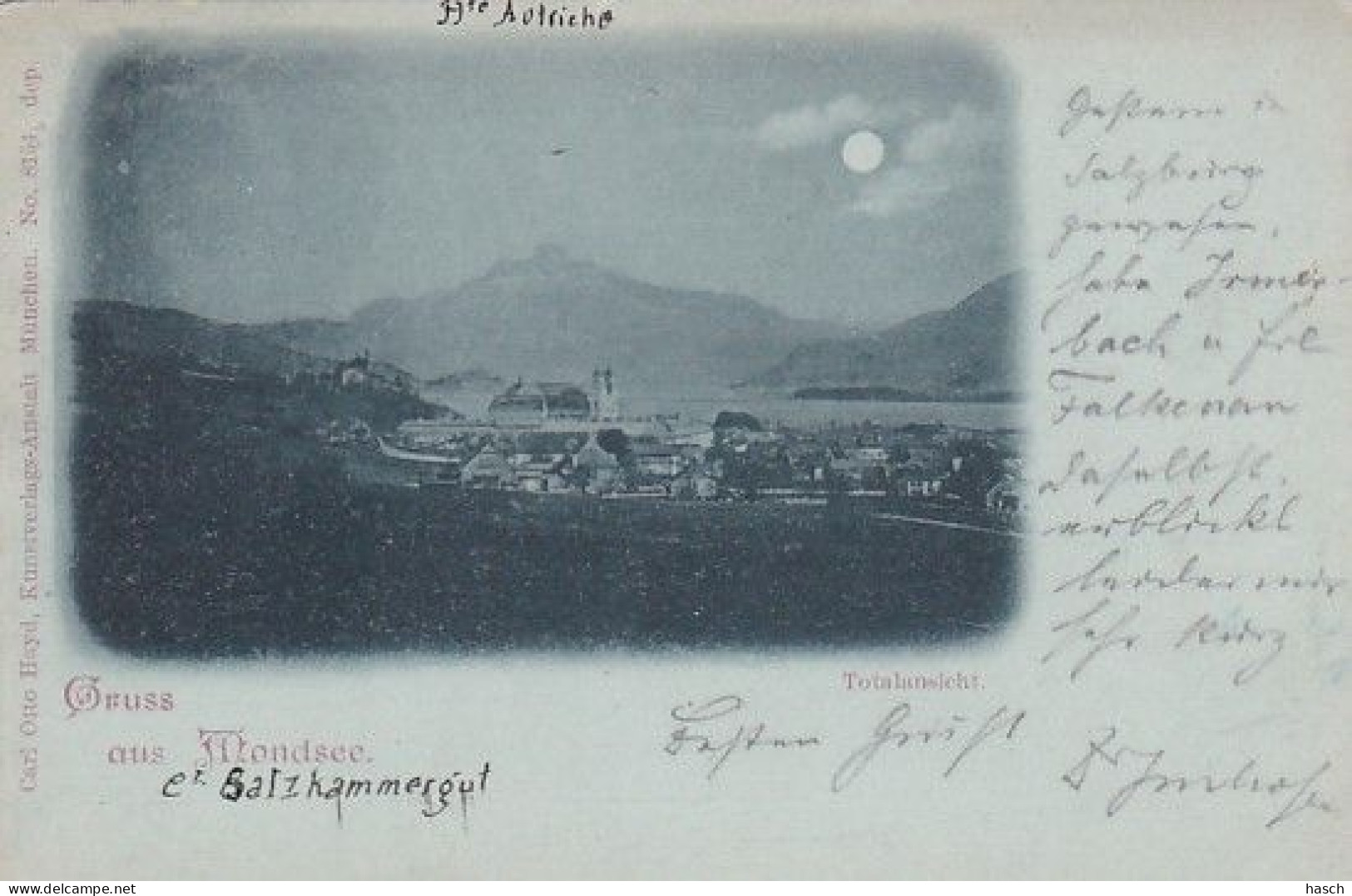 3736 107 Mondsee, Totalansicht Gruss Aus.... (Briefmarke 1898)  - Mondsee