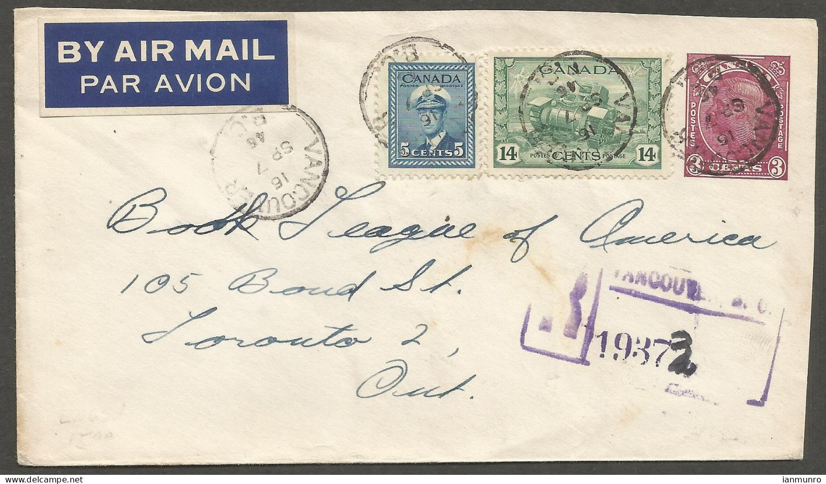 1945 Registered Airmail Cover 22c War Tank/PSE Vancouver BC To Toronto Ontario - Postal History