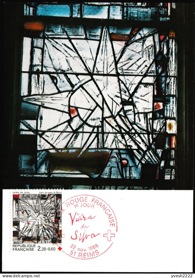 France 1986 Y&T 2449 Sur CM. Croix-Rouge, Vitrail De Vieira Da Silva, église Saint Jacques De Reims - Glas & Fenster