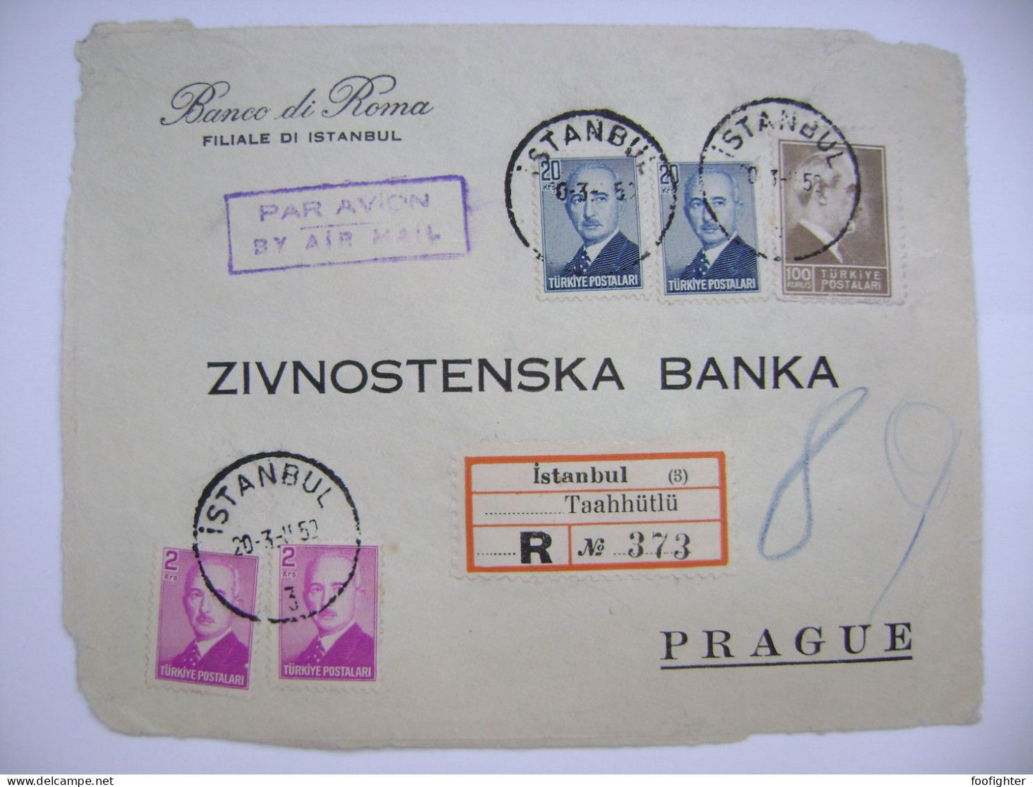 Banco Di Roma (bank) Istanbul Taahhütlü 1952 Registered Air Mail, Front Side From Cover Only, Inonu 2x2 + 2x20 + 100 K. - Briefe U. Dokumente