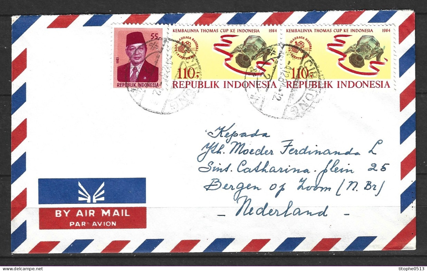 INDONESIE. N°1038 De 1984 Sur Enveloppe Ayant Circulé. Coupe Thomas. - Bádminton