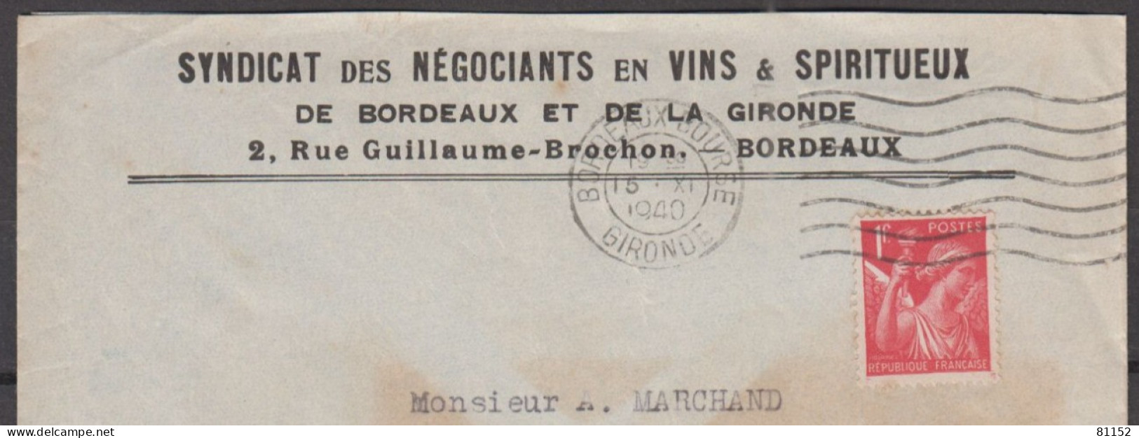 IRIS 1F Rouge  Sur Lettre Pub " VINS ET SPIRITUEUX " De BORDEAUX-BOURSE  Le 15 XI 1940  Pour FONTENAY-LE-COMTE - 1939-44 Iris