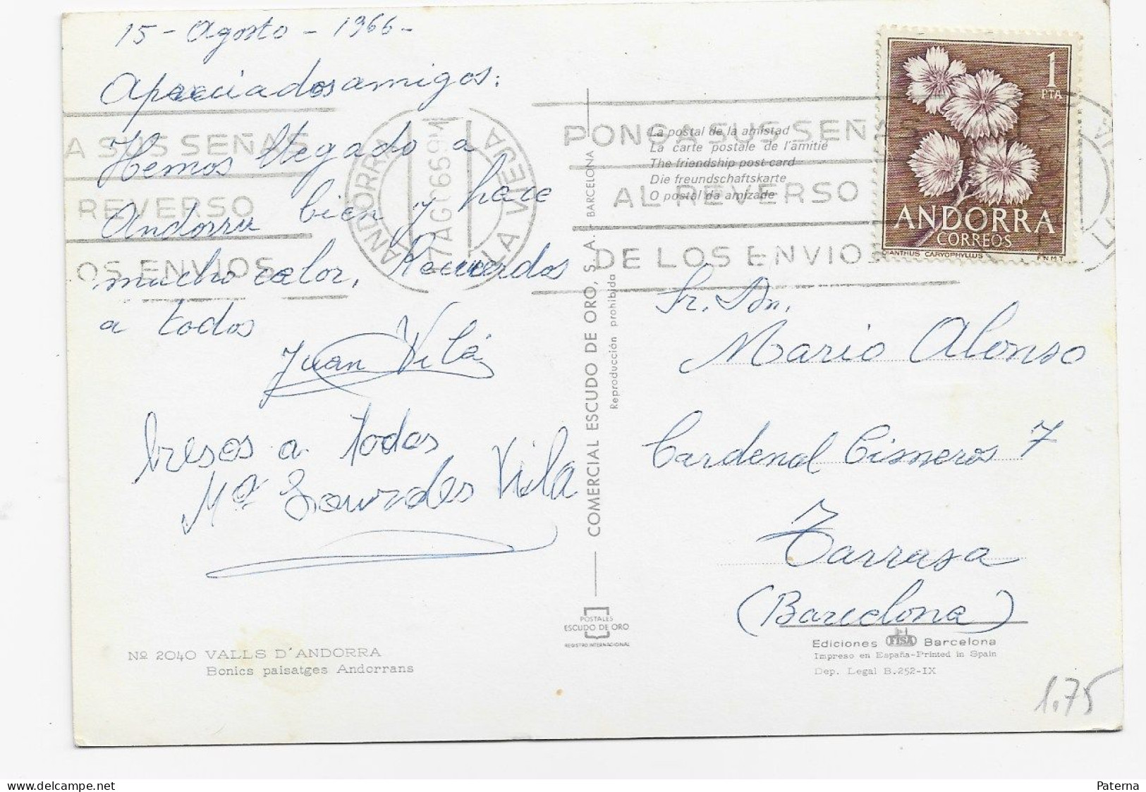 3839  Postal Andorra La Vieja  1965, - Cartas & Documentos