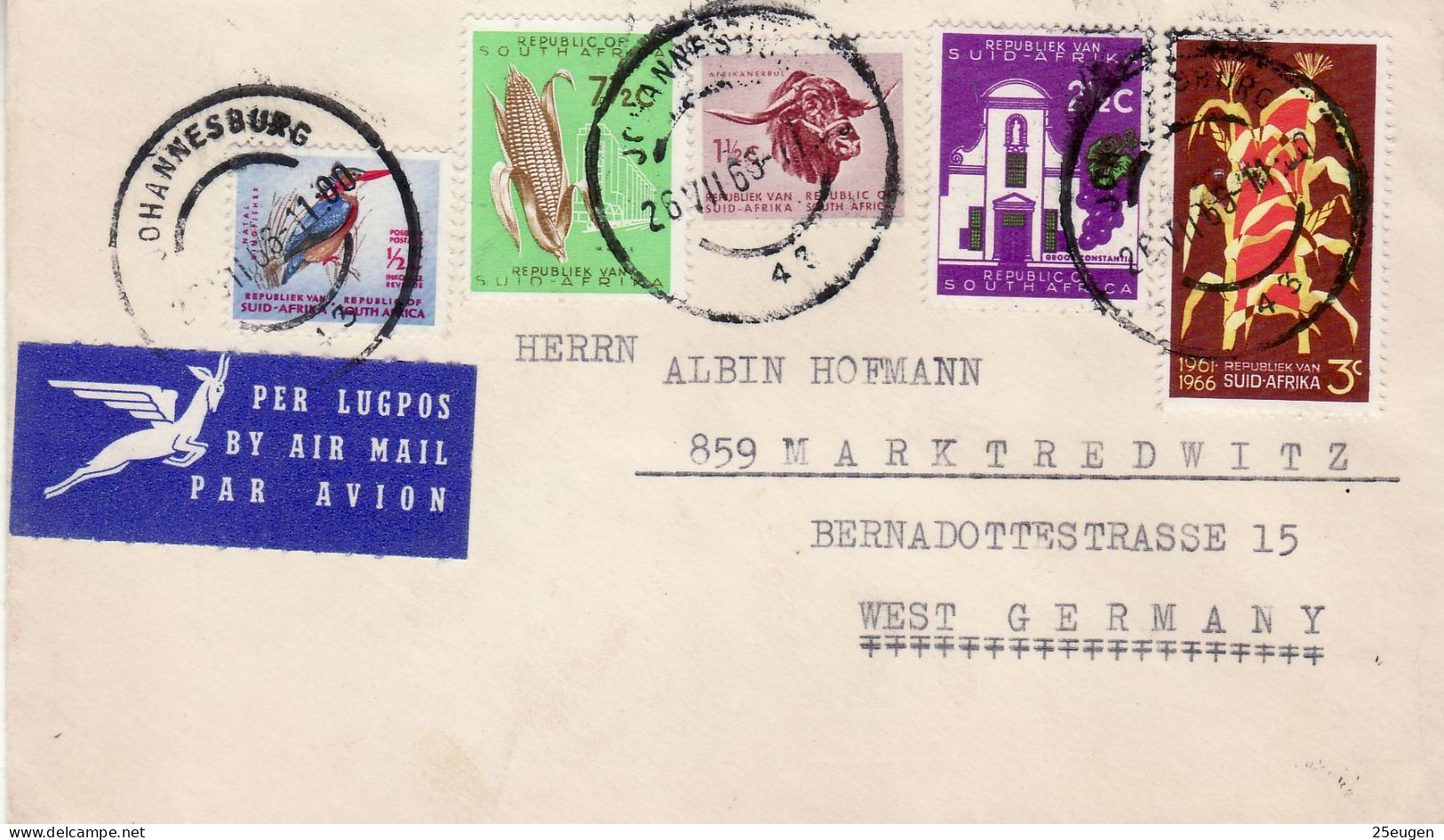 SOUTH AFRICA 1966  AIRMAIL  LETTER SENT TO MARKTREDWITZ - Lettres & Documents