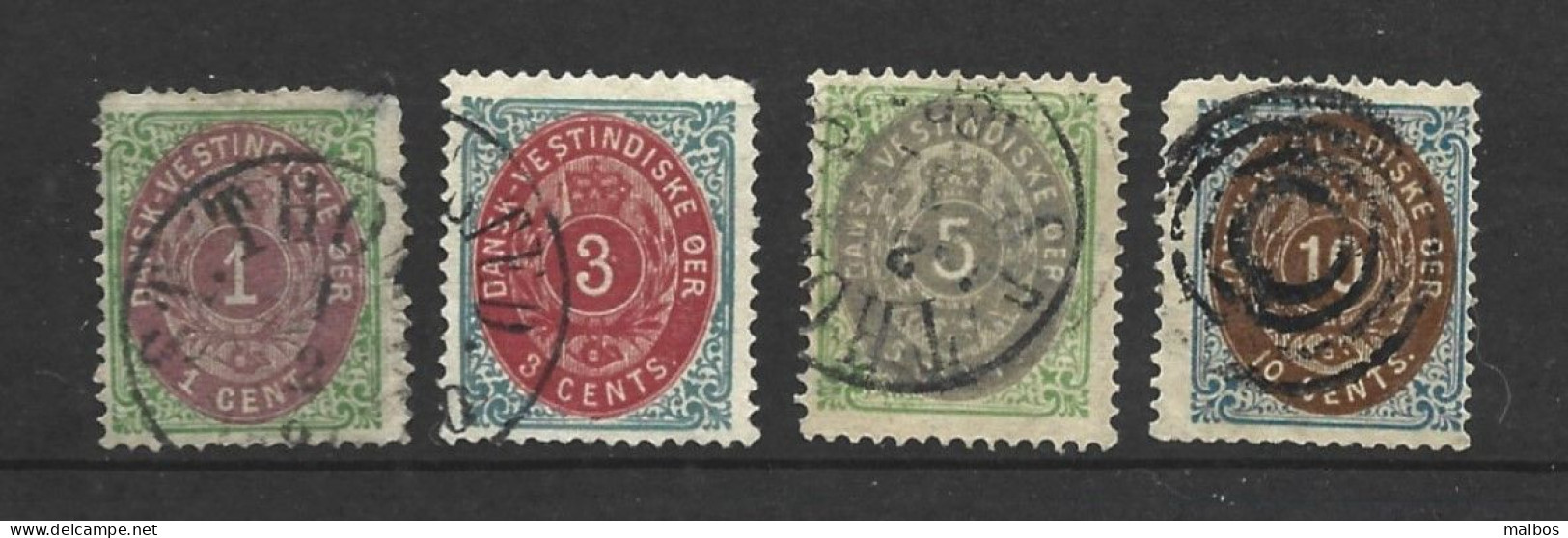 ANTILLES DANOISES 1873 (o) Y&T N° 5-6-8-10   Wmk Crown - P14x13.5 - Denmark (West Indies)