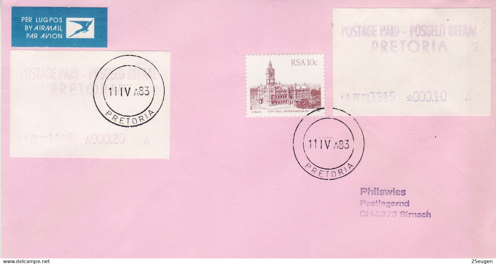 SOUTH AFRICA 1983  AIRMAIL  LETTER SENT TO SIRNACH - Covers & Documents