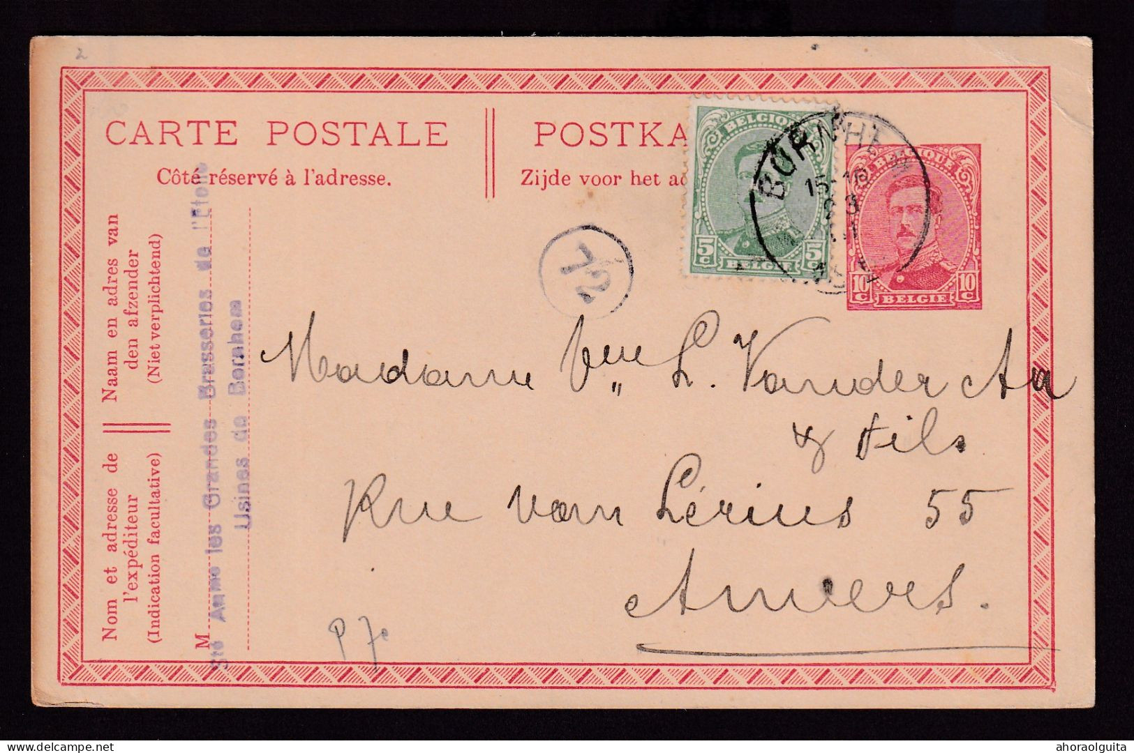 DDFF 354 -- Belgium BREWERY - Entier Postal Albert BORNHEM 1921 - Cachet Grandes Brasseries De L'Etoile - Birre