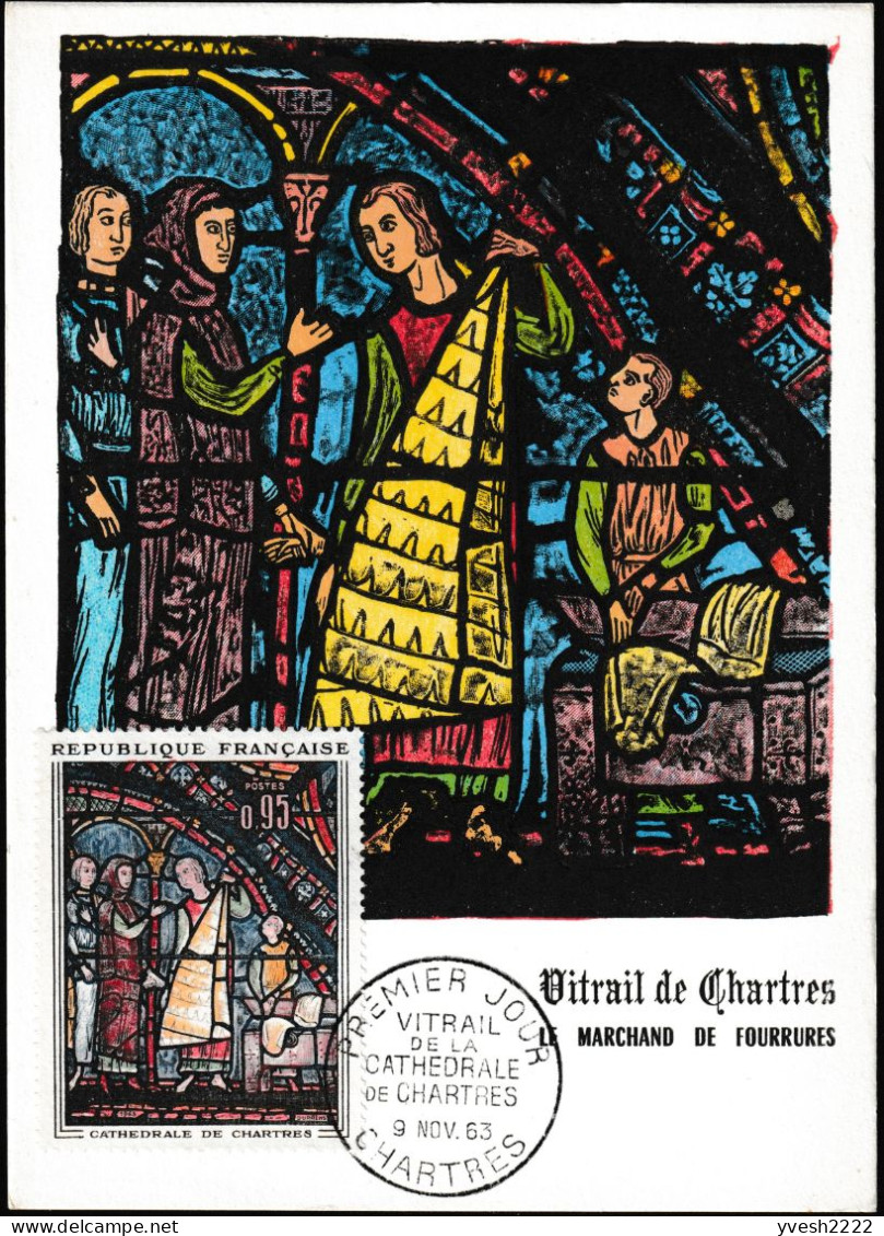 France 1963 Y&T 1399. Carte Maximum, Vitrail De La Cathédrale De Chartres. Le Marchand De Fourrures - Glas & Fenster